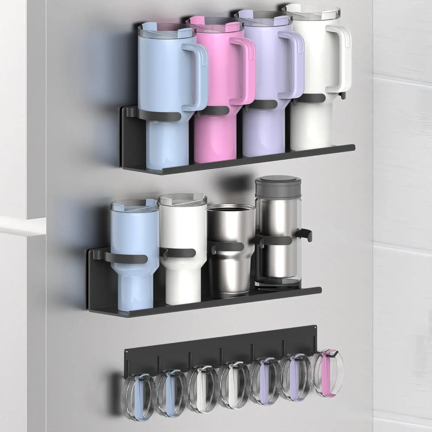 Magnetic Cup Holder for Fridge 8 Slots Universal Water Bottle Organizer Rack with Hooks for Stanley Owala Yeti Tumbler up to 40oz(2x4-CUPS Black) Kitchen Metal Smooth Steel