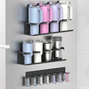 Magnetic Cup Holder for Fridge 8 Slots Universal Water Bottle Organizer Rack with Hooks for Stanley Owala Yeti Tumbler up to 40oz(2x4-CUPS Black) Kitchen Metal Smooth Steel