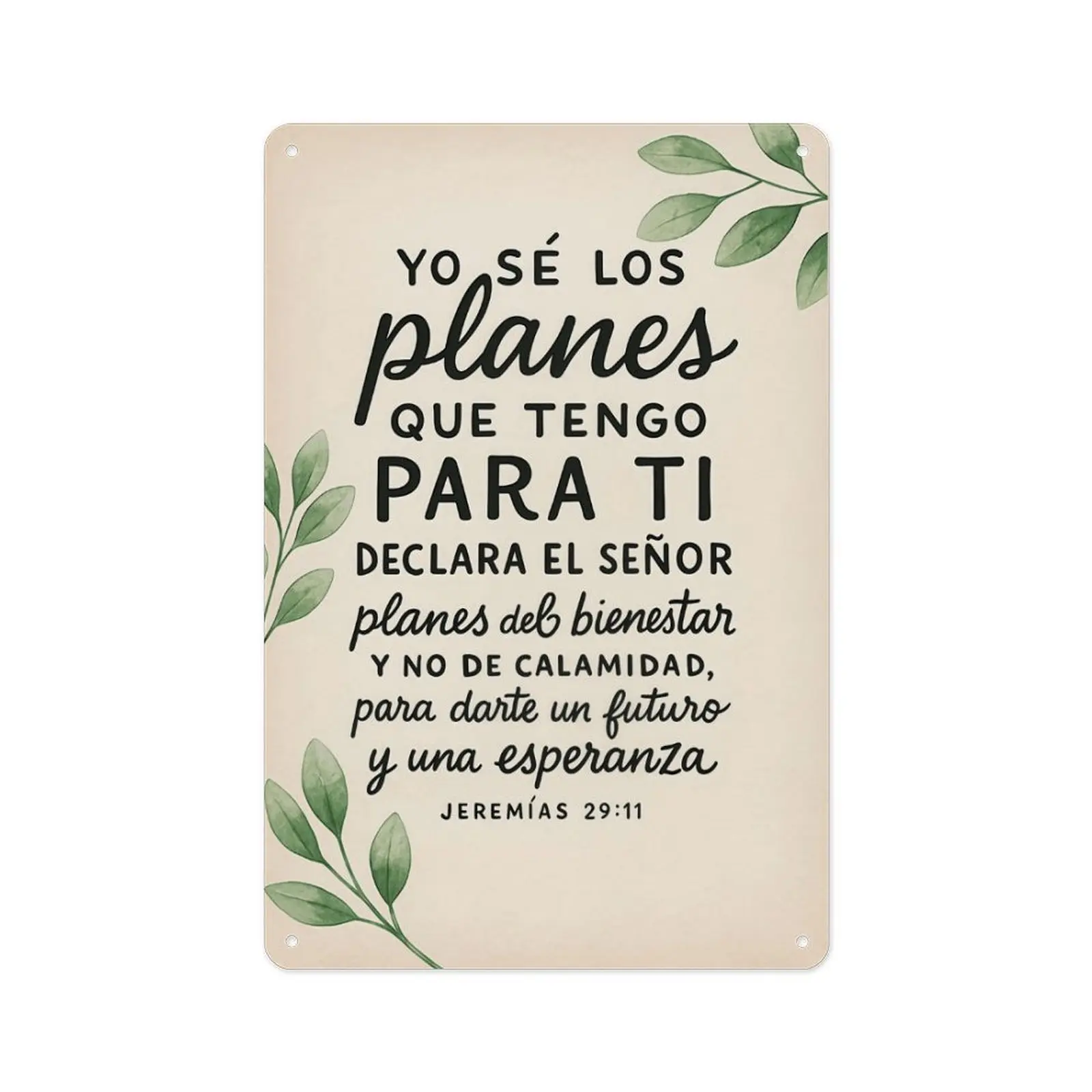 12×8 in Religious Jeremías 29:11 Spanish Christian Verse Metal Tin Sign, Waterproof Fade Resistant Lightweight Green Leaf Aluminum Plaque, Latino Faith Farmhouse Wall Decor for Spanish Speakers, Church Wall Scripture Gift Idea