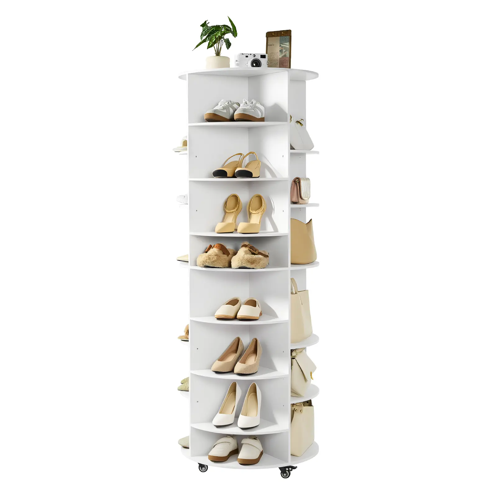 【summerfinds】VEVOR 7-Tier 360° Rotating Shoe Rack Organizer, Adjustable Shelves, Movable Wheeled Carousel, Lazy Susan for Bedroom, Entryway, White Furniture-Style High-Capacity Large-Scale Multi-Functionality Indoor Shelving Rack, Large-Scale Shoe Racks