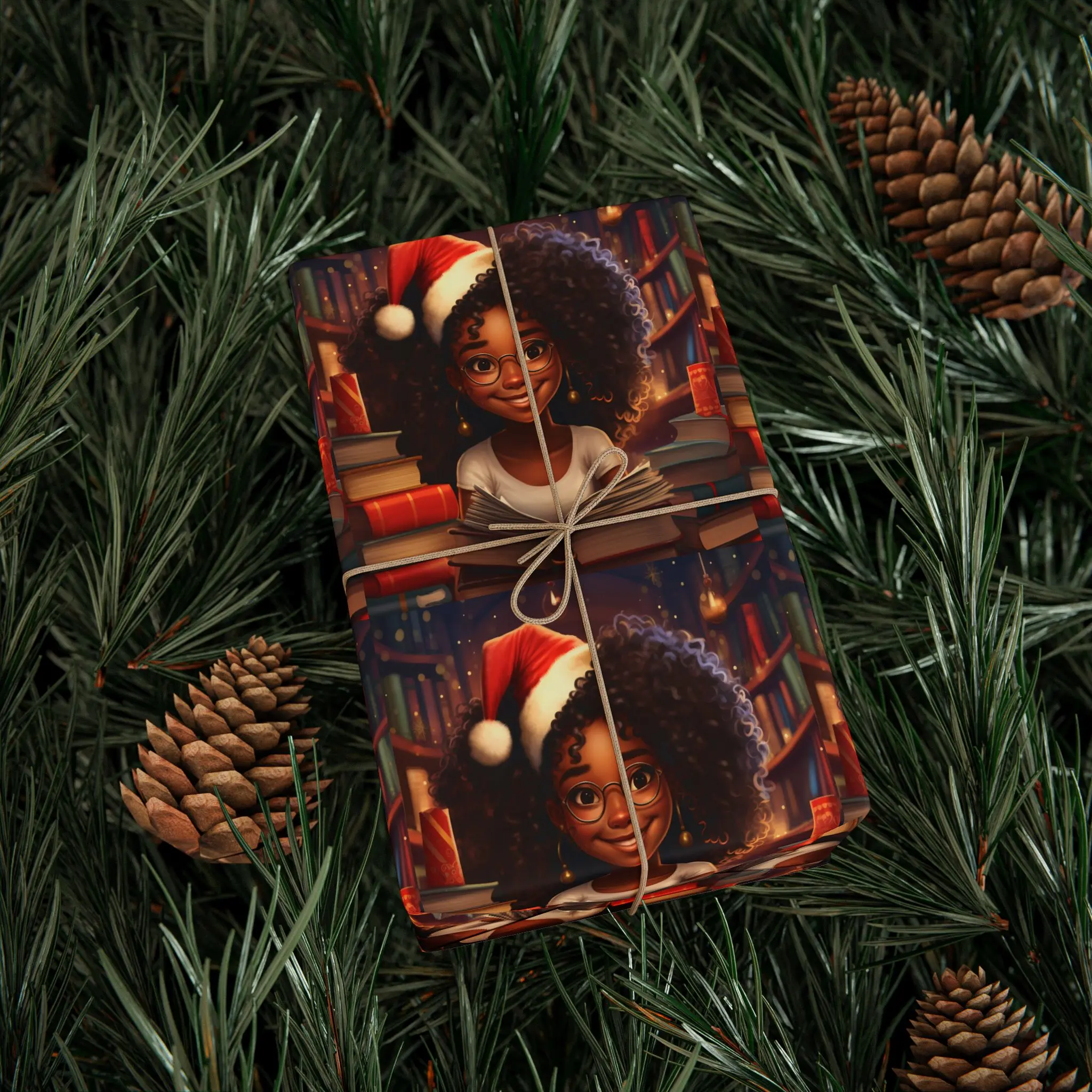 Black African American Teen, Book, Santa Hat, Black Girl Magic Birthday or Christmas Wrapping Paper, Melanin Girl Pride, African Gift Wrap, Kwanzaa, Ethnic Paper