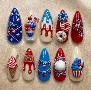 4th of July Press on Nails  Patriotic Summer False Nails  3D Ice Cream Donut Red White Blue Nails