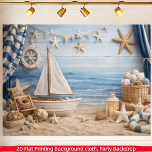 Nautical Sailboat Photography Backdrop Ocean Beach Seaside Theme Party Decoration Coastal Baby Shower Birthday Background Prop Summer Vacation Portrait Banner Studio Accessories Ship Wheel Starfish Sand Shell Lantern Navy Blue White Bunting Photo Booth