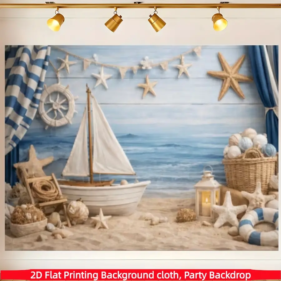 Nautical Sailboat Photography Backdrop Ocean Beach Seaside Theme Party Decoration Coastal Baby Shower Birthday Background Prop Summer Vacation Portrait Banner Studio Accessories Ship Wheel Starfish Sand Shell Lantern Navy Blue White Bunting Photo Booth
