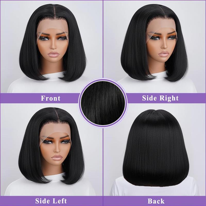 Bob Wig 100% Human Hair Wigs Glueless Lace Front 180% Density 10 Inches Bob, Pre Cut Plucked Lace Short Wig Ready To Go Natural Color Straight Bleached Knots Black Wigs