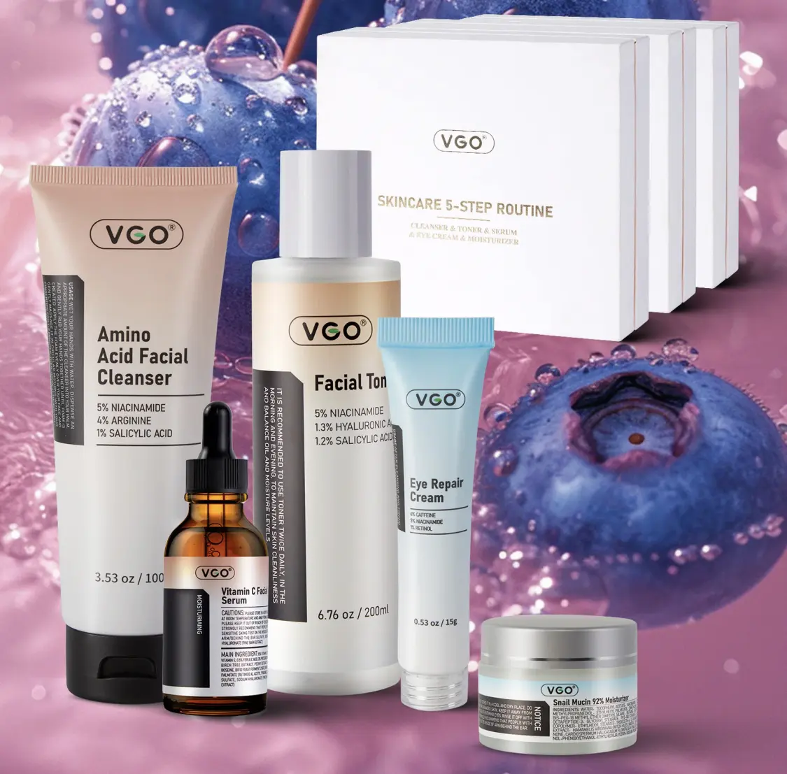 VGO All-in-One Skincare Routine: 5 Steps in 1 Set – Cleanser, Toner, Serum, Eye Cream, Moisturizer