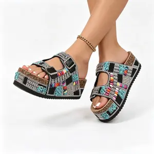 Bohemian Black Rhinestone Platform Slides Double Buckle Wedge Sandals Summer Vacation Sparkly Slippers