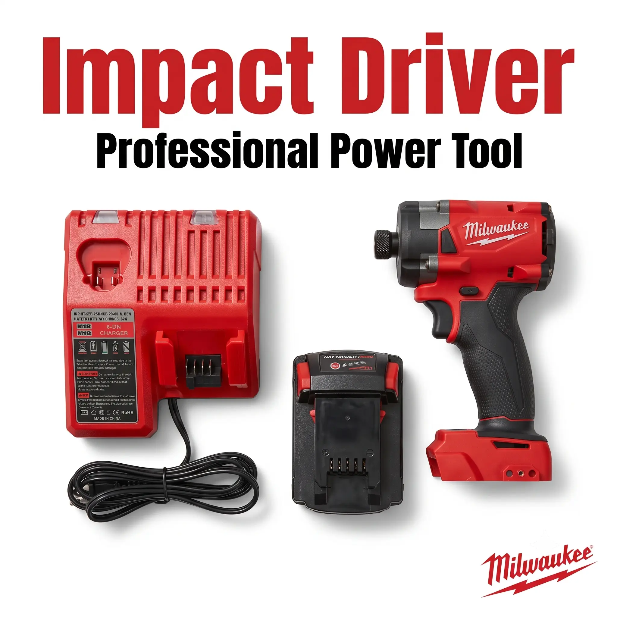 Milwaukee M18 Series Lightweight High-Torque Impact Cordless Driver Tool Kit - 300N.m Stable Torque, With Battery & Charger, For Hardware Fixing, Electrical Cabinet Assembly In Professional Shops