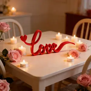 Valentine's Day, Birthday, Holiday Decorative Ornaments, Decoration, Red Lettering Design Tabletop Decor, Romantic Dining Table with Red Heart-Shaped 'Love' Sign, Perfect for Bedroom, Office, Party and Other Tabletop Decor