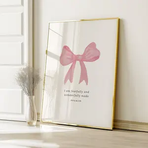 Preppy Pink Coquette Bow, Nursery Decor, Christian Wall Art, Psalm 139, Fearfully and Wonderfully Made, Cute Pink Ribbon