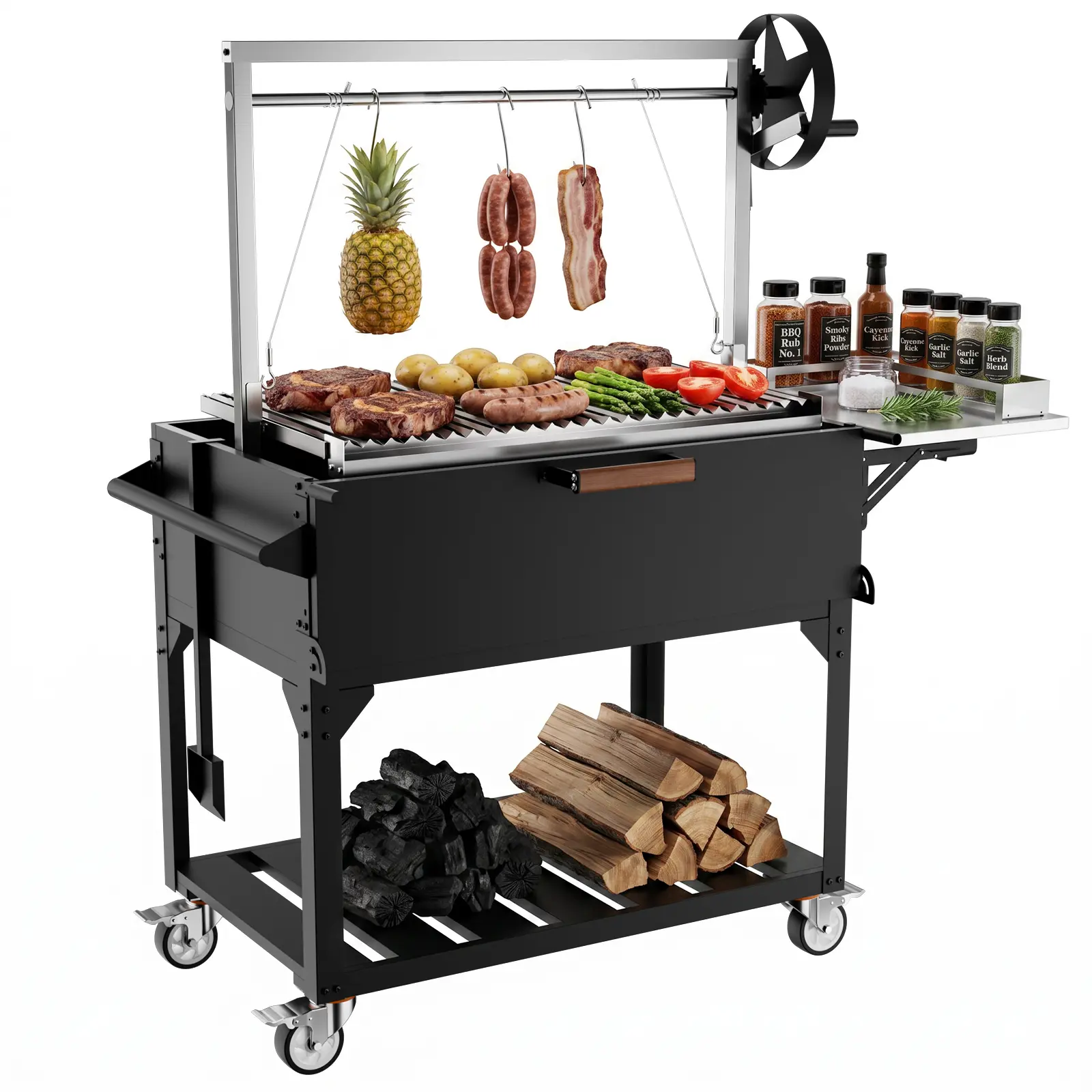 Argentine Santa Maria Wood Fire & Charcoal BBQ Grill with Adjustable Height Grates, Fire Bricks, S-Hooks, Foldable Stainless Steel Table for Camping & Hiking Camp Kitchen