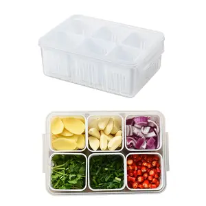 Airtight Food Storage Containers with Lids, 6‑Grids Draining Fridge Fresh‑Keeping Crisper, Portable Divided Storage Box for Scallion Ginger & Fruits