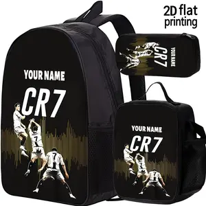 3pcs CR7 Football Star Customizable Backpack - Personalized Text/Name, Large Capacity Lunch Bag & Travel Backpack with Adjustable Straps, Durable Black & Golden Design for School, Sports, Camping, Travel, for Teenager