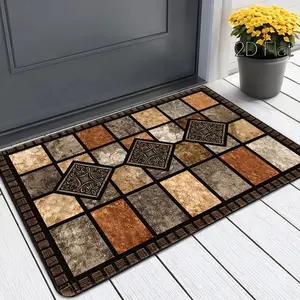 2D Vintage Marble Tile Design Golden Diamond Velvet Welcome Mat, All-Surface Doormats with Red Stone Tile Pattern, Rubber-Backed Washable Polyester Non-Slip Stain-Resistant Rug for Entryway, Kitchen