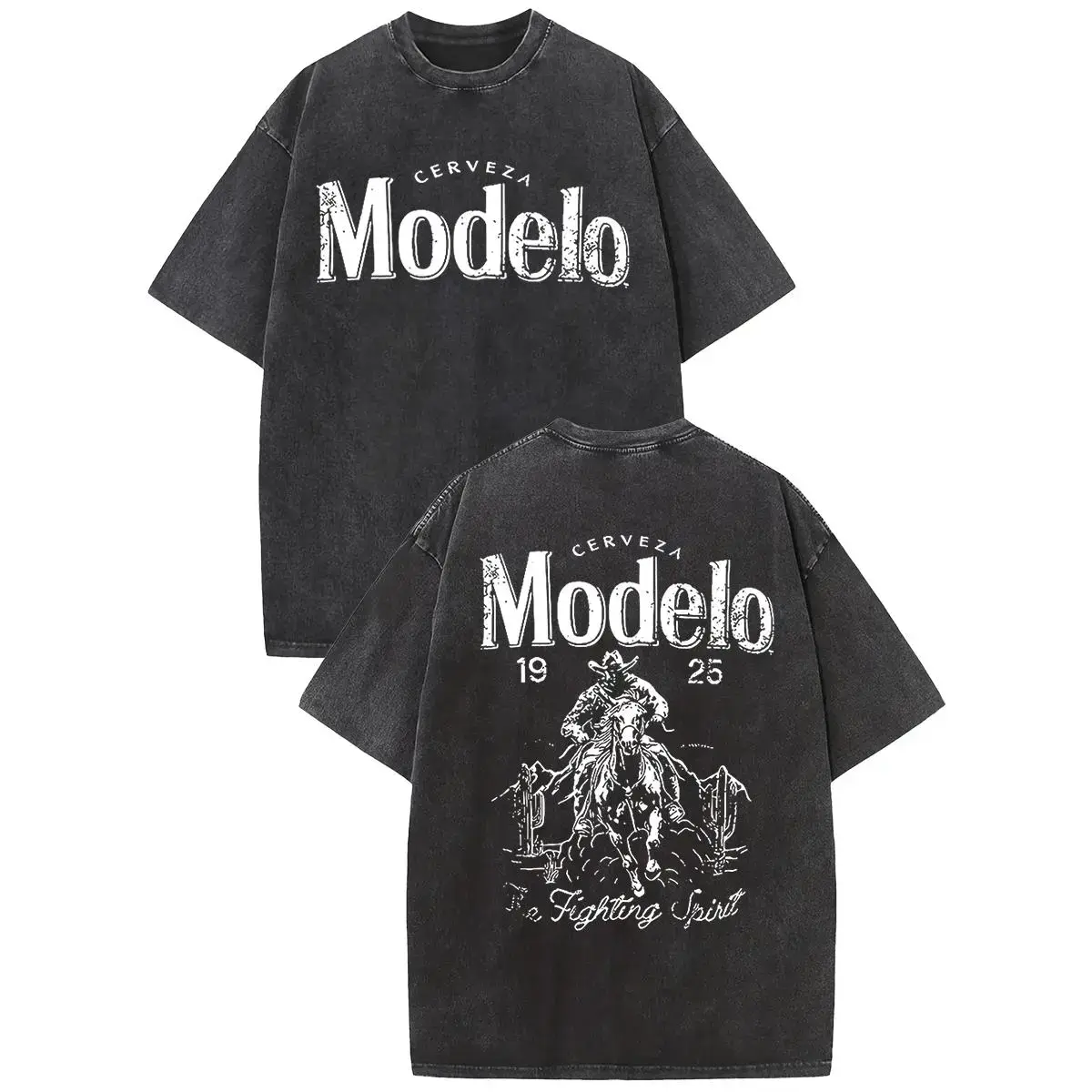 Oversize Acid Wash Vintage Modelo Pattern T-Shirt,TV Show T-shirt Heavyweight Cotton Streetwear graphic vintage tees Menswear Crewneck T-shirt