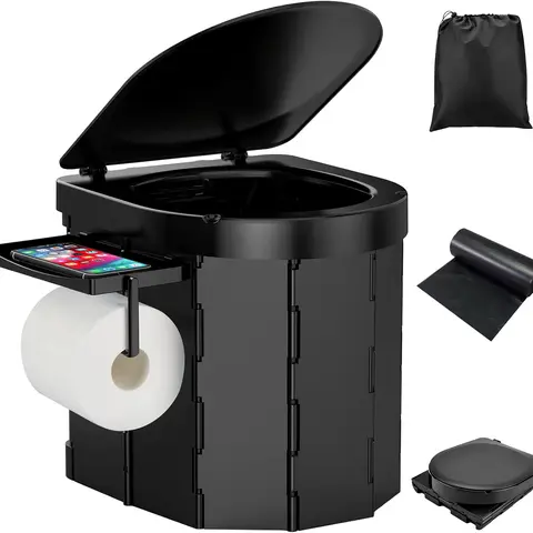 Foldable ABS Portable Toilet for Adults - 400lbs Capacity, Higher and Bigger High Seat, Waterproof Design, Lid, Retractable TP Holder, 5 Gal Fit, Carry Bag, Camping Accessories, Travel Accessory (Camping/Stool Use)