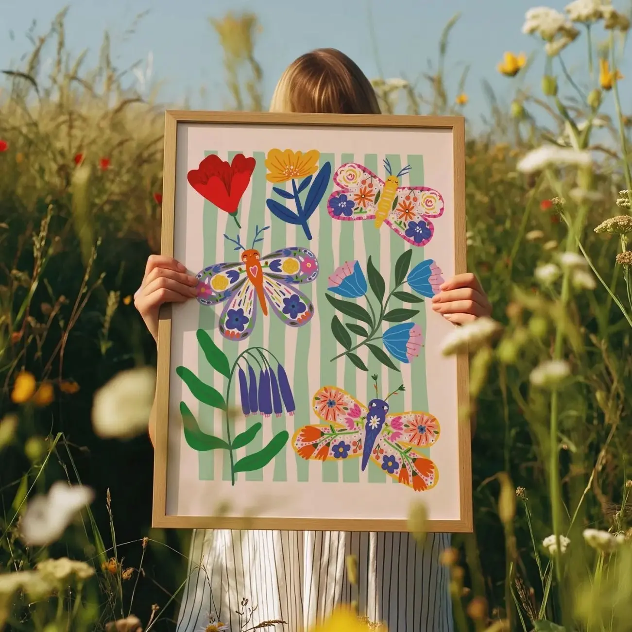 Wildflower Butterfly Art Print, Colorful Rainbow Girls Bedroom & Nursery Wall Decor J