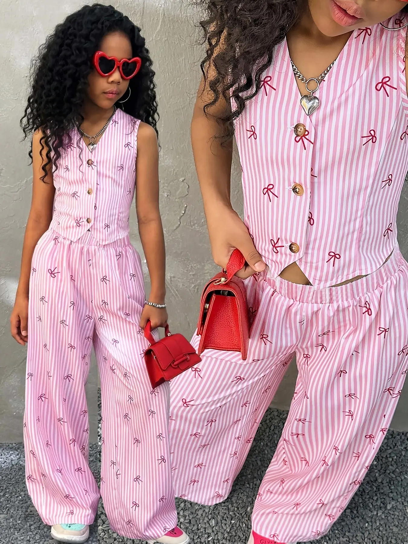 Girls' Two-Piece Set, Summer Street Style, Cute Striped Bow Pattern, Vest and Pants, Casual Fashion, Perfect for School and Daily Wear, Summer Outfits Set, Striped Sets, Cute Clothing Set, Summer Clothes Set