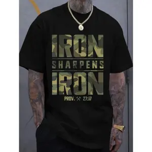 Men's 100% Cotton Graphic T-Shirt - "IRON SHARPENS IRON" & Proverbs 27:17 Bible Verse Design, Geometric Print Casual Streetwear Tee, Breathable Summer Top, Machine Washable, Summer Fashion |   Camouflage Pattern |   Durable Fabric