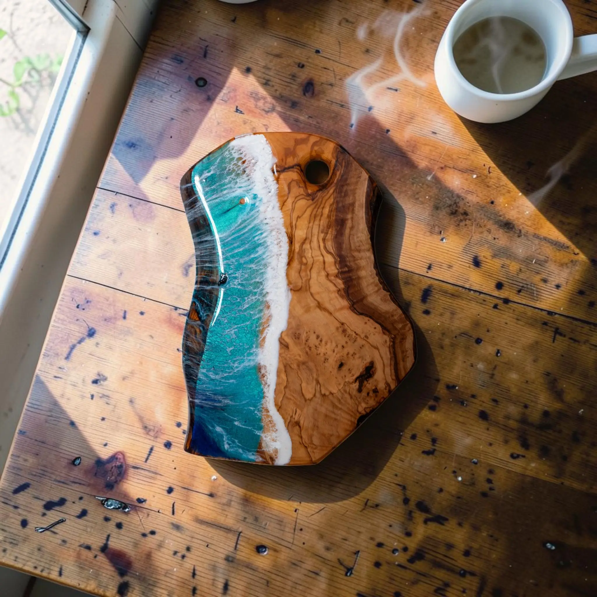 Handcrafted Ocean Wave Olive Wood Charcuterie Board - Serving Platter