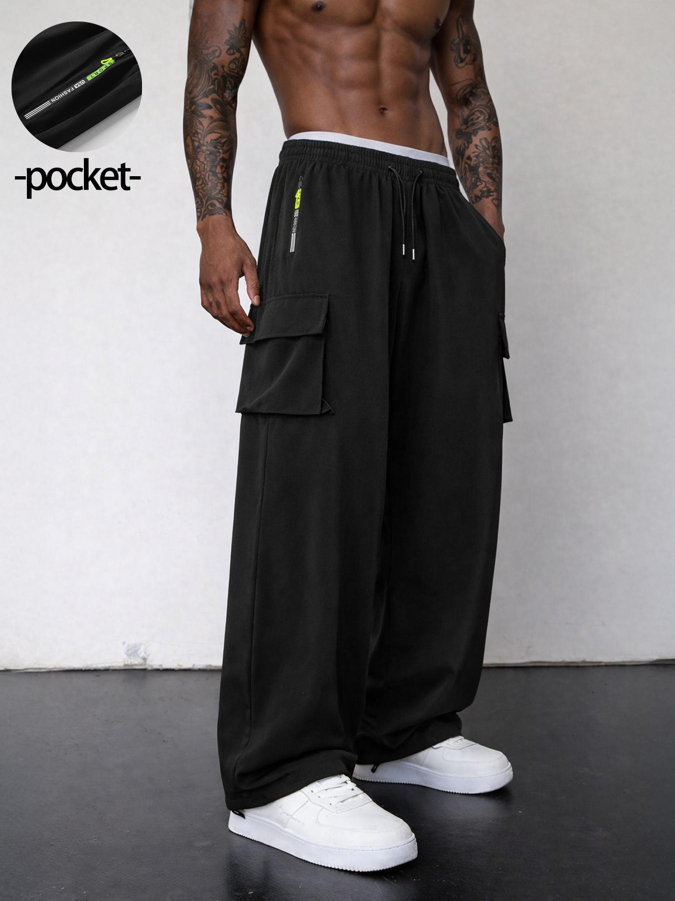 Mens Cargo Pants Baggy Wide Leg Drawstring Trousers with Zipper Pocket and Flap Pockets Loose Fit Streetwear Track Pants for Daily Wear Travel Commuting Skating Workwear Inspired Casual Utility Outfits