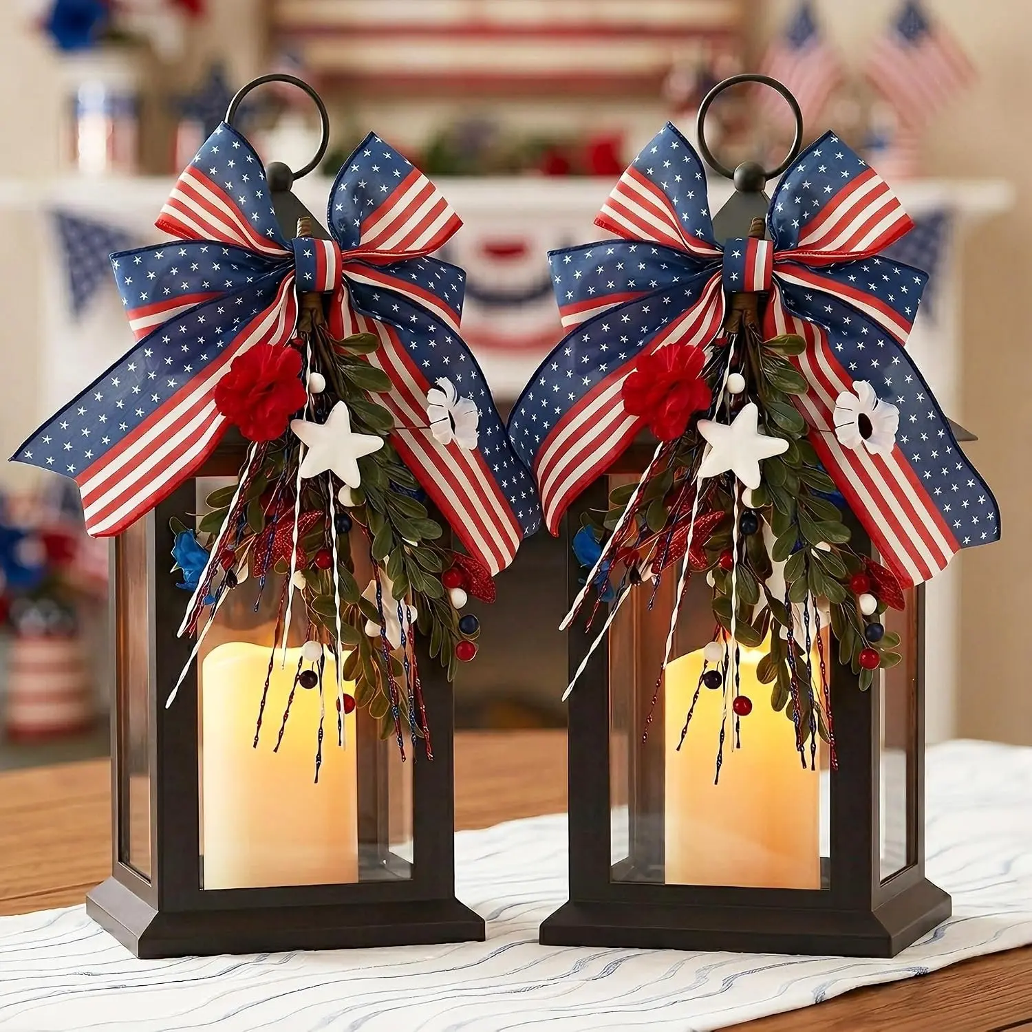 2 Pack 14" Black Decorative Lanterns with Timer Flameless Candle Battery Waterproof Outdoor Hanging 4th of July Patriotic Lanterns for Porch Patio Indoor Decorations