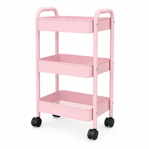 3 Tier Pink Rolling Utility Cart with Lockable Wheels, Mobile Multi Purpose Storage Trolley Organizer, Wheeled Shelving Unit for Kitchen Pantry Bathroom Bedroom Makeup Snack Bar Cart, Space Saving Home Storage Organizer Rack