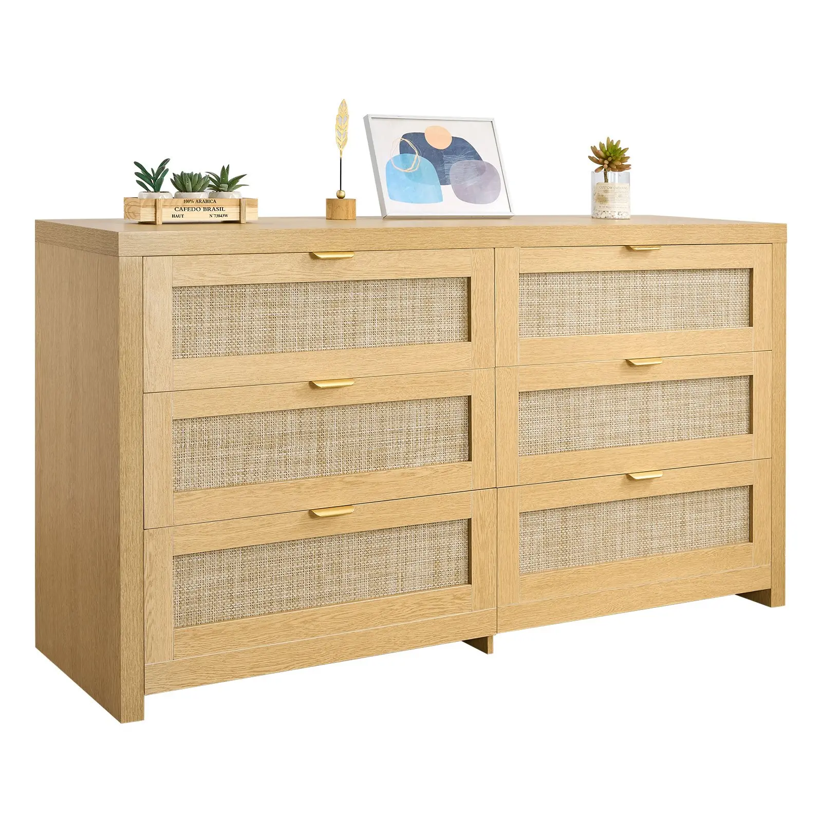 【Summerfinds】VEVOR Durable Modern Rattan-Wood 6-Drawer Dresser with Metal Handles & Roller Tracks, Burlywood Double Dresser, 56.89x17.72x31.3 in, 122.47 lbs/55.55 kg, 200 lbs/91 kg Capacity, Assembly Required for Bedroom, Living Room