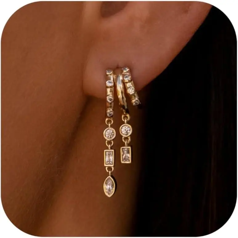 Dangle Earrings For Women, Dainty Gold Drop Statement Earrings 14K Gold Plated Long Huggie Earrings for Women Trendy Hypoallergenic Dangly Earrings Small Triple Hoops Earrings Fashion Jewelry