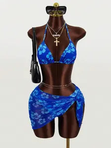 HOT CURVE Women's Summer Beach Floral Print Halter Tie Front Sexy Bikini Set With Cover-Up And Mini Skirt