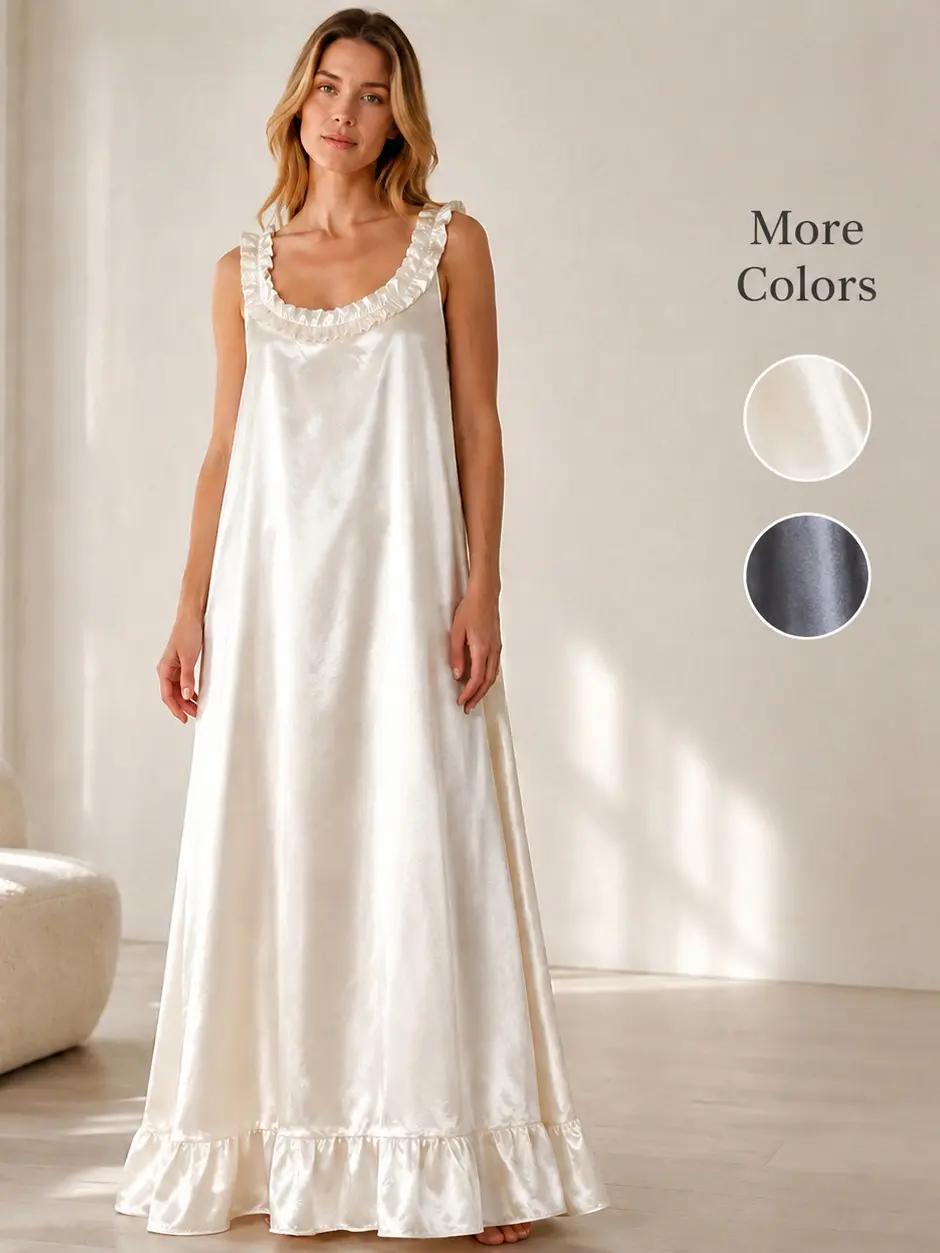 Women's Luxury Silky Satin Ice Silk Fabric Nightgown, Ruffle Trim Spaghetti Strap Loose Maxi Sleep Dress, Summer Casual Home Outfit, Nightwear, Slip, Minimalist, Gowns, Elegant, Glossy, Plus Size, Sleeveless, Loose Fit, Wrinkle Resistant