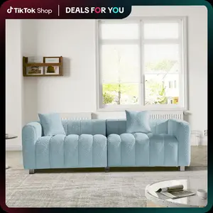 ️83.4 Inch Blue Teddy Velvet Loveseat Couch，Tufted 3-Seater Recliner Furniture with  Two Cushions，Modern Design for Living Room & Bedroom