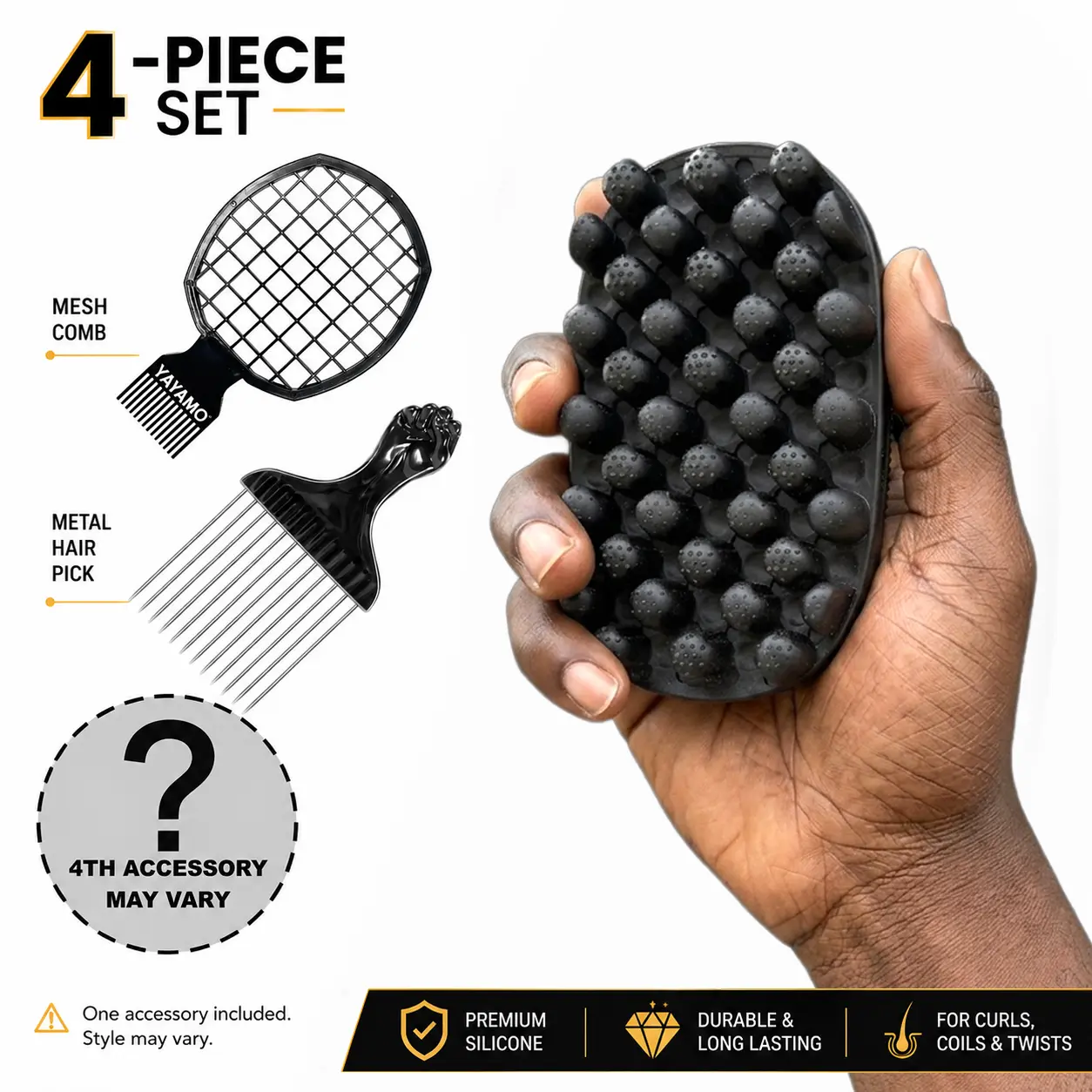 Twist King Silicone Twist Brush Kit for Black Men - Afro Kinky Coily Hair, Protective Styles for Natural Hair Alternative to Dread Sponge, 4-Piece Set with Metal Fist Pick, Mesh Comb, Flawless Edges Brush