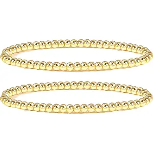 Gold Beaded Bracelets for Women Non Tarnish Stack 14K Gold Plated Stretch Elastic Bead Ball Bracelet Jewelry Set for Women Trendy