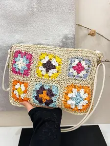 Niche retro color-blocked crochet bag, pastoral dopamine woven small square bag, fashionable  exquisite handheld crossbody bag, versatile small bag suitable for daily travel, shopping, dating, afternoon tea, etc.