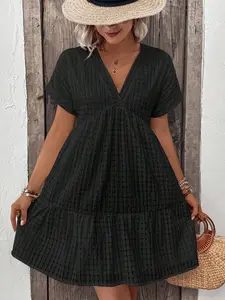 Solid Batwing Sleeve Ruffle Hem Smock Dress