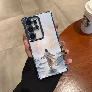 Jesus oil painting style TPU phone case, four corner airbag anti fall protection, electroplated edge transparent phone protection case, suitable for Samsung Galaxy S26 Ultra S25 Ultra S24 FE S23 S22 Plus Christ phone case. A158