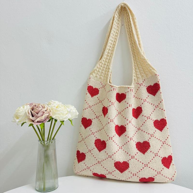 Heart Crochet Tote Bag Cute Valentines Day Gift for Women Adorable Purse with Keychain Cutecore Aesthetic Y2K Style Handbag Perfect Present