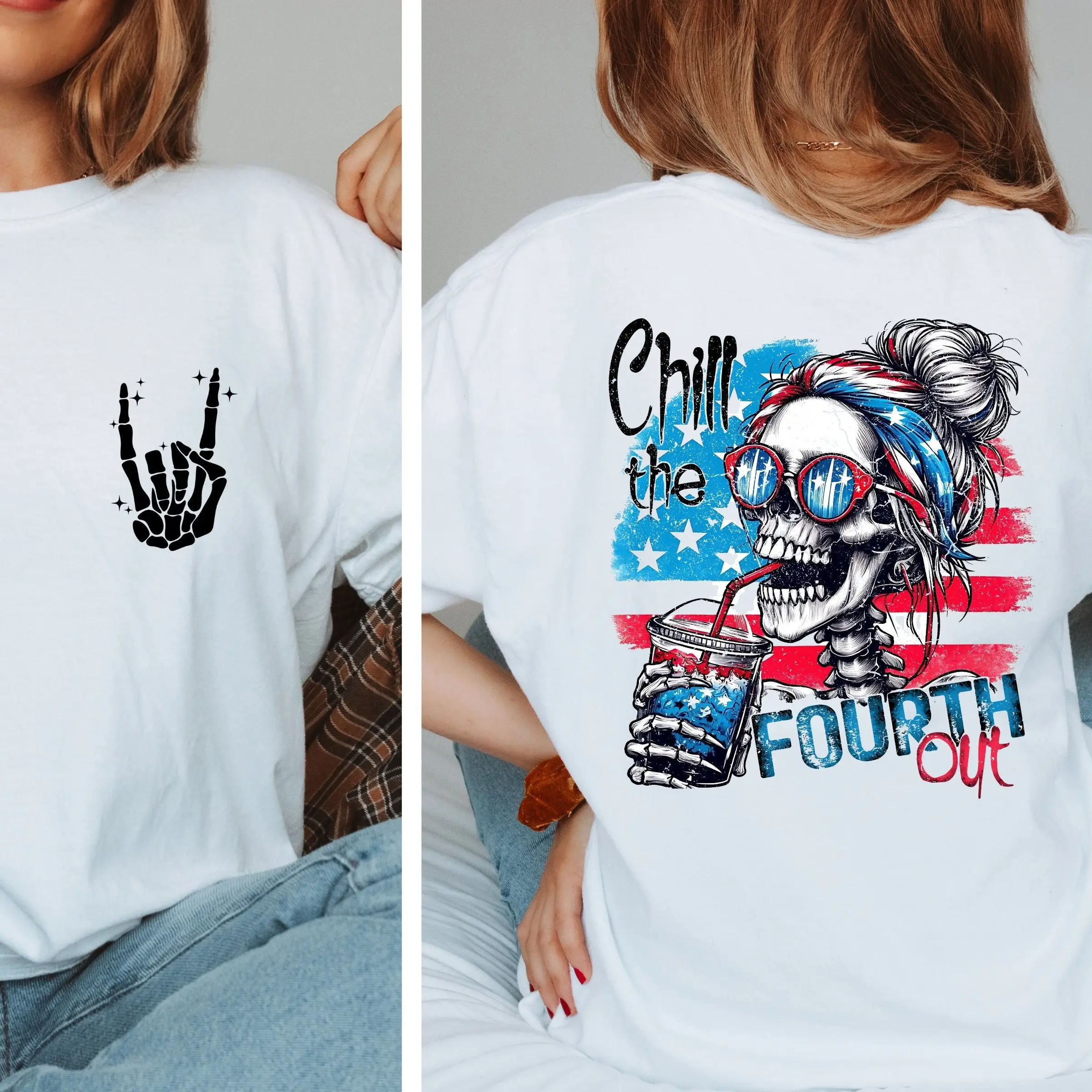 Funny Skull Shirt, Chill the FOURTH OUT T-shirt, American Shirt, Funny Shirt, Vintage American Flag Shirt, Independence Day Shirt, USA T-shirt Cotton