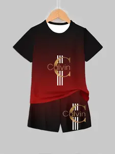 Elegant Calvin Letter Dark Tone Short Sleeve Set, Gradient Boys' Tee & Shorts, Print, Summer Casual Style