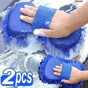 2Pc Blue Microfiber Chenille Car Wash Sponge Care Washing Brush Pad Cleaning Tool Auto Washing Towel Gloves Styling Accessories