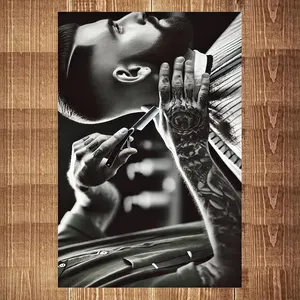 2D Flat, 2D Flat, Vintage Barber Shop Canvas Art in Black And White, Featuring a Tattooed Barber. This Monochrome Aesthetic Is Ideal for Decorating Your Living Room, Office