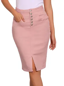 INSPIRE CHIC Women's Jean Skirts Split Casual High Waist Bodycon Denim Pencil Skirt Pink