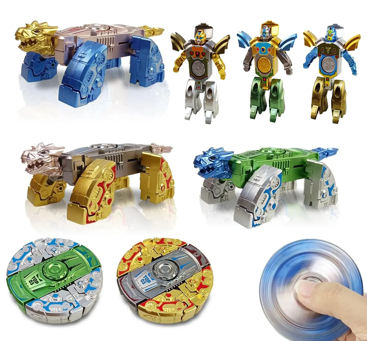 3-Pack Transformable Dino-Robot Stress Reliever Gyro Toys - Gift-Ready Trio, 3-Pack Stocking Stuffers for 6-8 Years Old Kids, Christmas & Birthday Gifts, All Ages Compatible Dino-Robot Play Spinning Tops