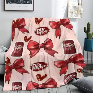 Dr Pepper Original Flavor Bows with Hearts, Flat Velvet Slogan Print Blanket, Soft Office Bedding, Plush Thin Quilt, Holiday Gift