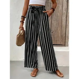 Women’s striped print straight-leg pants, comfortable everyday casual pants, casual beach pants, summer women’s underwear, casual street pants GARMENTARY