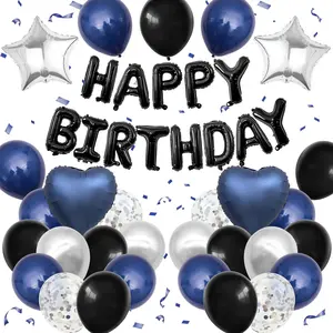 Navy Blue and Black Birthday Decorations for Men,Blue Black White Balloons Happy Birthdays Balloon Banner Silver Confetti Balloons for Men Boy Girls Women Adults Birthday Party Decorations