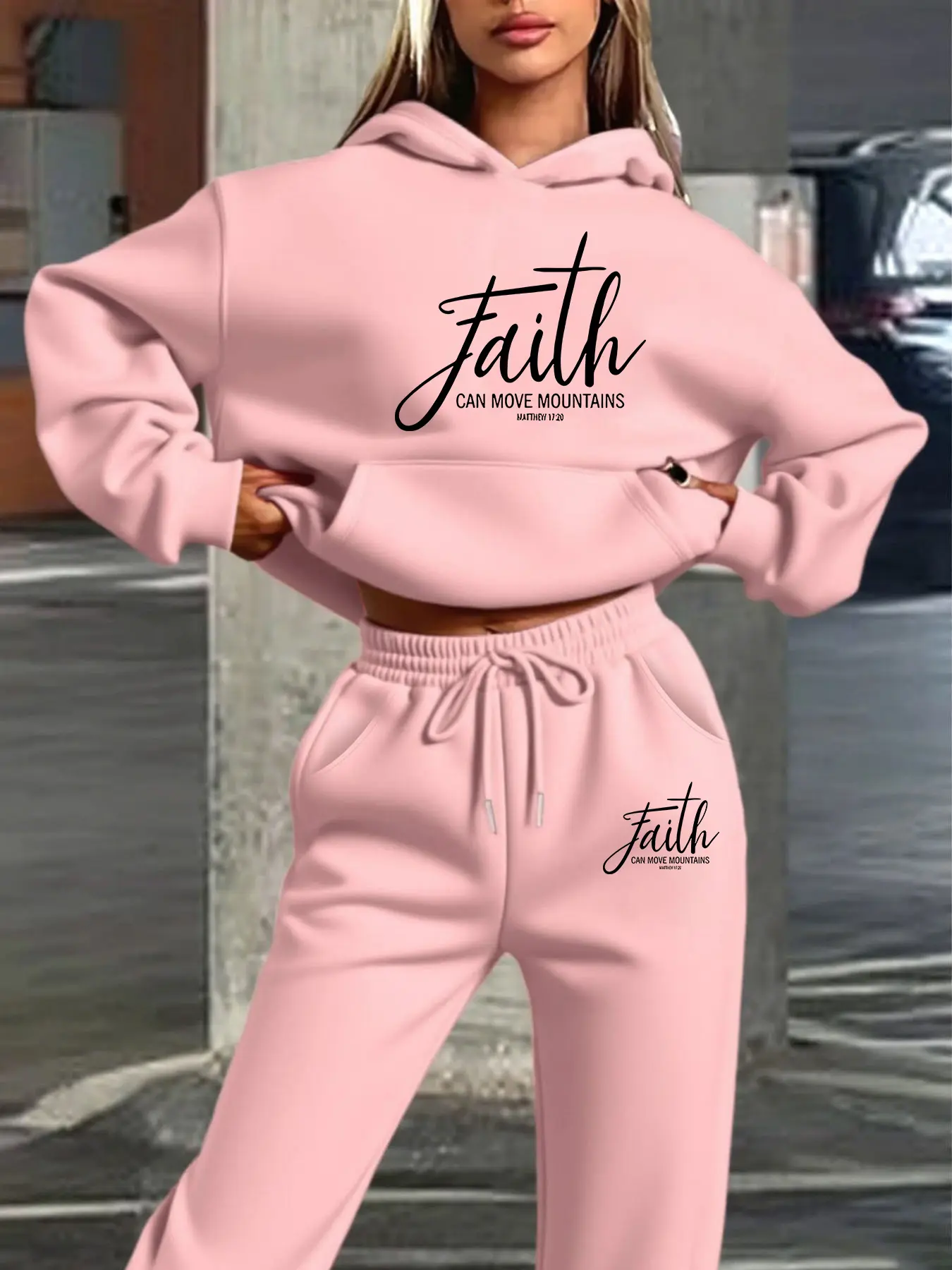 Women's Fall & Winter Fleece Lined Warm Sportswear Set, Faith Text Print Hooded Casual Sports Style, Pocket Letter Pattern Streetwear, Sport Casual Outfit, Sportswear Suit