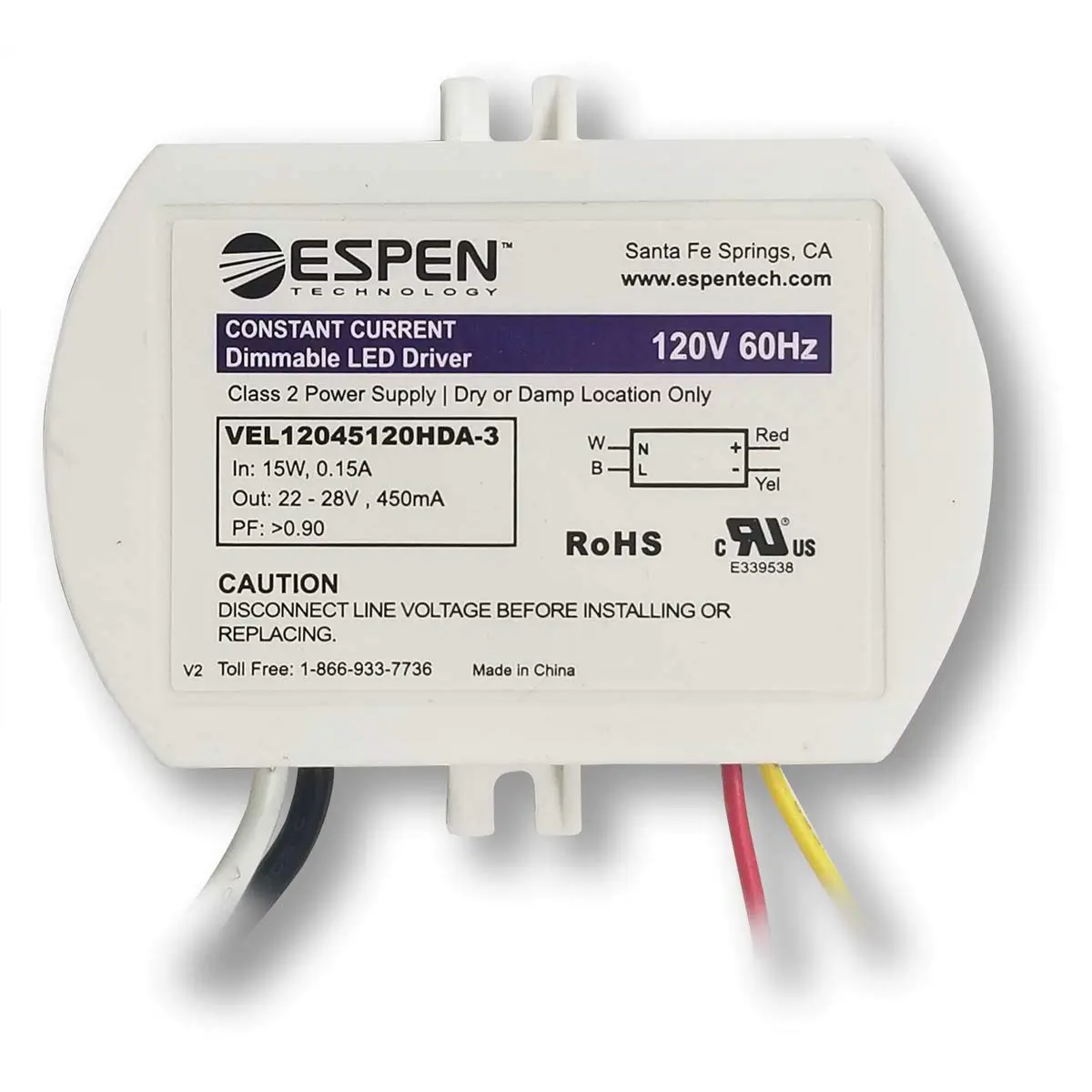 LED Driver, VEL12045120HDA-3, TRIAC Dimming, Constant Current, Max.12W, 450mA, 120V Input Operating Voltage Range 22-28V