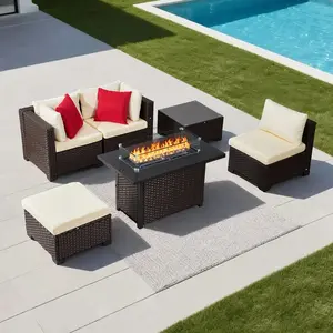 VEVOR 6-Piece Outdoor Patio Furniture Set, Wicker Rattan Outdoor Sectional Conversation Set with 50000BTU Propane Fire Pit Table, Cushioned Sofas, Coffee Table & Ottoman for Patio Garden Backyard